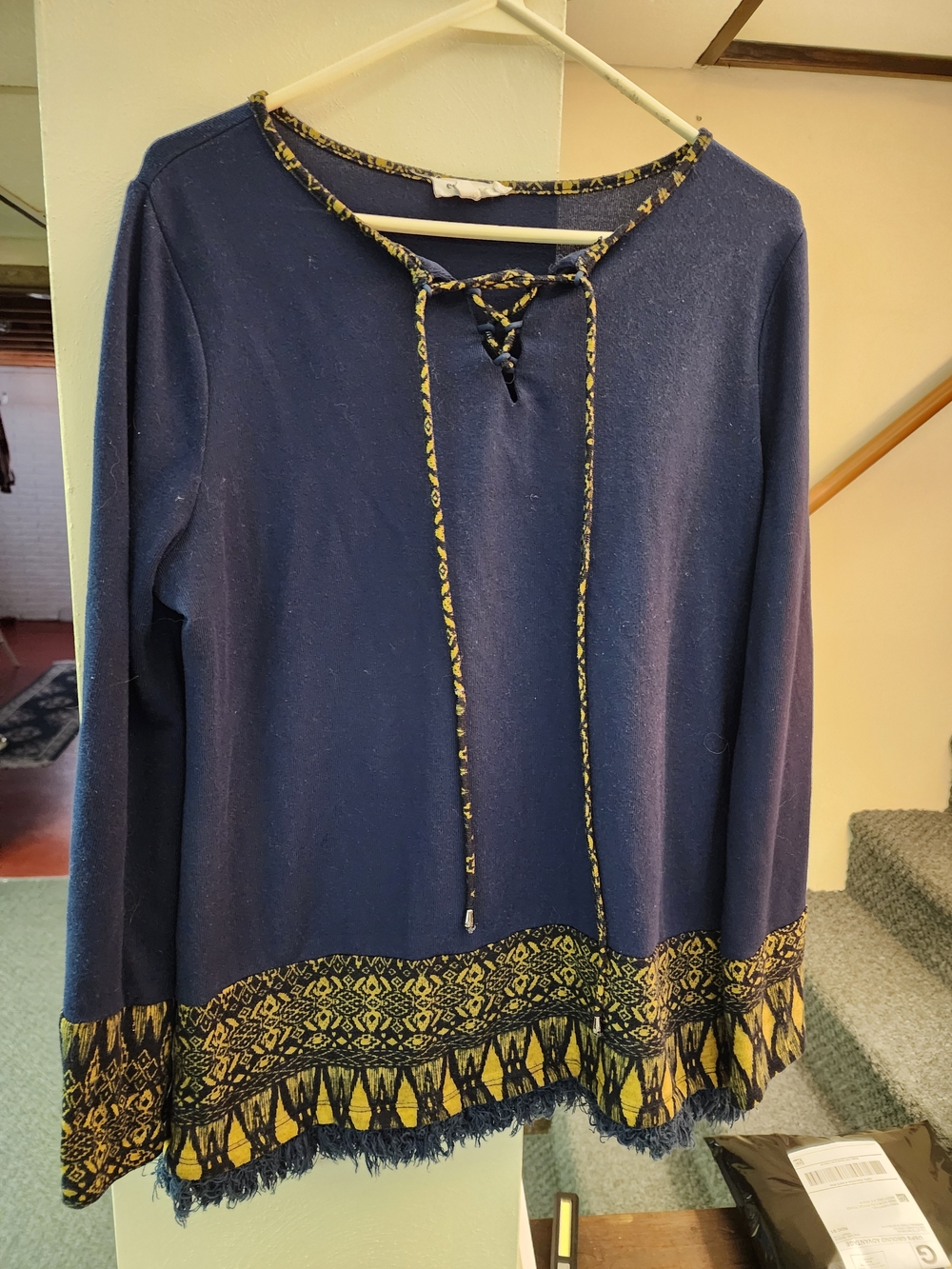 eesome Navy Long Sleeve Tunic with Yellow Patterned Trim Sz L